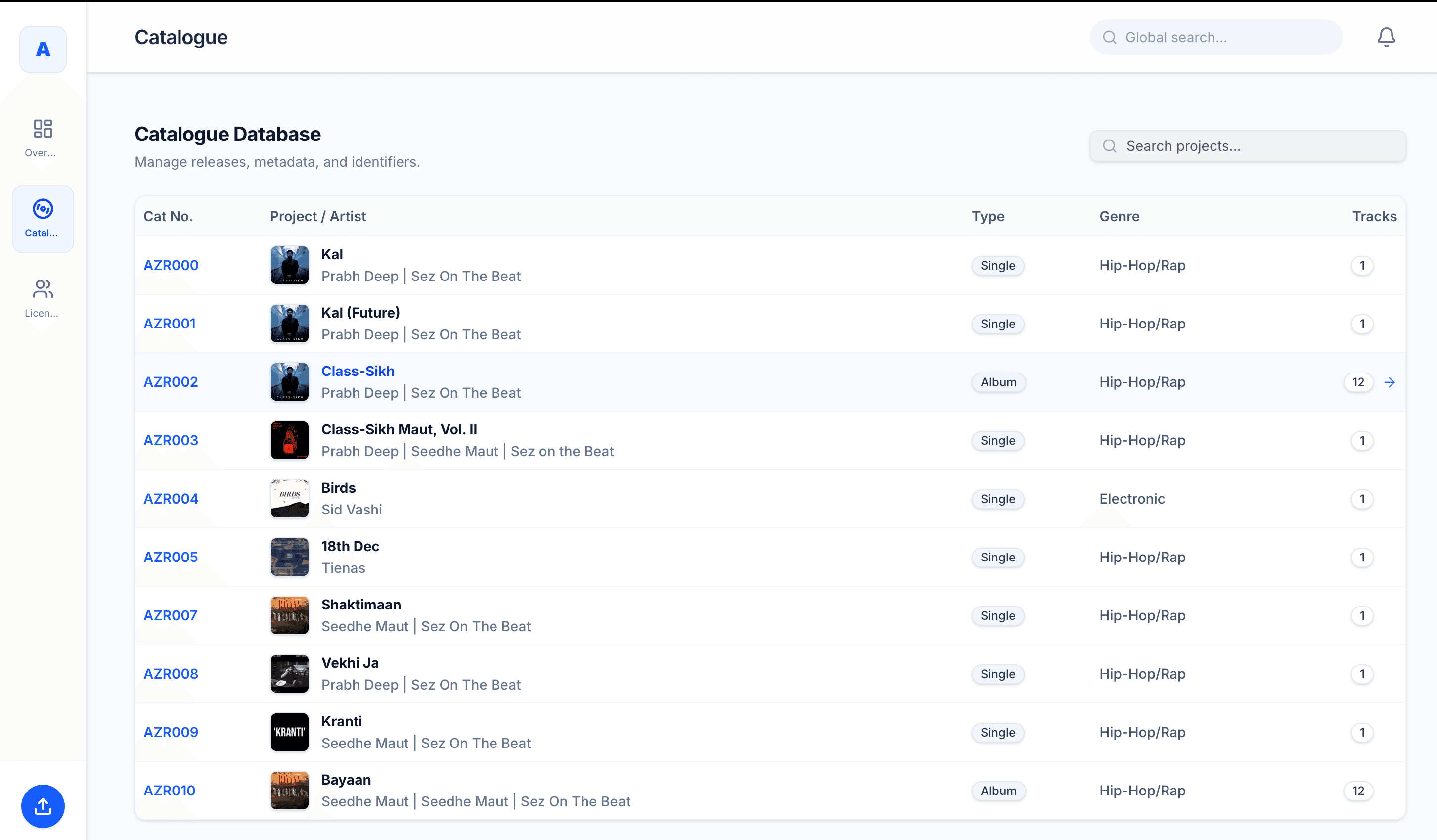 Azadi Records - Music Catalogue System custom software by GOATED.