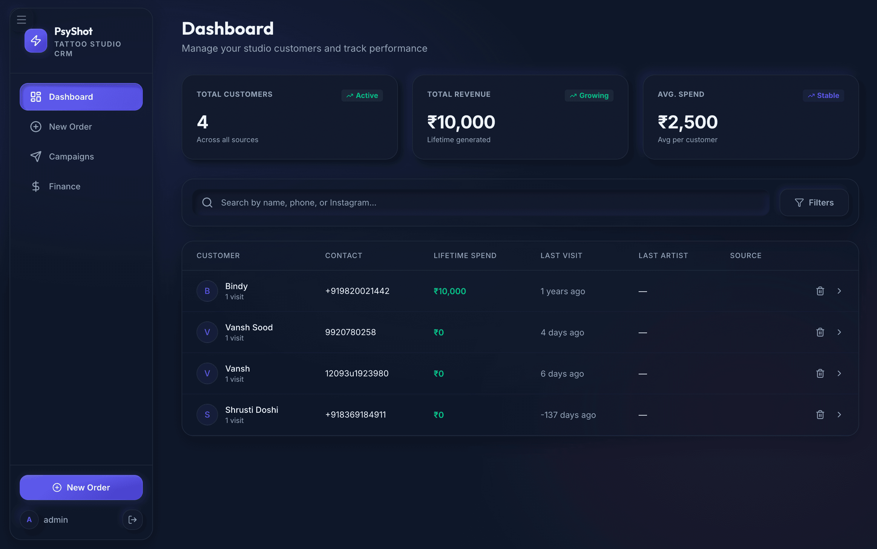 PSY CRM - Tattoo Studio Client Management custom software by GOATED.